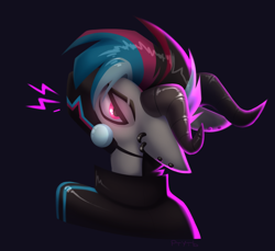 Size: 1716x1574 | Tagged: safe, artist:rtootb, oc, oc only, oc:groove, dracony, dragon, hybrid, pegasus, pony, black horns, bust, clothes, coat, colored mane, digital art, dracony oc, ear piercing, earring, eyebrow slit, eyebrows, horns, icon, jewelry, looking at you, male, mask, pegasus oc, piercing, pink eyes, portrait, simple background, solo, stallion