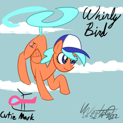 Size: 1000x1000 | Tagged: safe, artist:volticomics, oc, oc only, oc:whirly bird, pegasus, pony, cap, flying, hat, helicopter, solo, tail, tailcopter