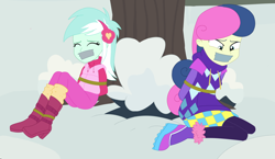 Size: 2582x1500 | Tagged: safe, artist:nie-martw-sie-o-mnie, bon bon, lyra heartstrings, sweetie drops, human, equestria girls, equestria girls specials, g4, my little pony equestria girls: better together, my little pony equestria girls: holidays unwrapped, saving pinkie's pie, bondage, bound and gagged, gag, tape, tape gag, tied up