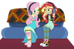 Size: 3036x2000 | Tagged: safe, artist:nie-martw-sie-o-mnie, fluttershy, sunset shimmer, human, equestria girls, g4, game stream, my little pony equestria girls: better together, bondage, bound and gagged, cloth gag, clothes, converse, duo, duo female, female, fluttershy boho dress, gag, game stream outfit, headphones, high res, shoes, simple background, tied up, transparent background