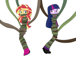 Size: 3000x2400 | Tagged: safe, artist:nie-martw-sie-o-mnie, sunset shimmer, twilight sparkle, human, equestria girls, g4, bondage, boots, duo, duo female, female, gag, high heel boots, high res, mummification, shoes, simple background, transparent background, vine, vine bondage, vine gag