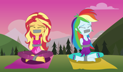 Size: 3413x2000 | Tagged: safe, artist:nie-martw-sie-o-mnie, rainbow dash, sunset shimmer, human, equestria girls, g4, my little pony equestria girls: better together, wake up!, wake up!: rainbow dash, bondage, bound and gagged, clothes, duo, duo female, female, gag, high res, sleeveless, tape, tape bondage, tape gag, tied up