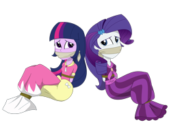Size: 3000x2268 | Tagged: safe, artist:nie-martw-sie-o-mnie, rarity, twilight sparkle, human, equestria girls, g4, bondage, bound and gagged, cloth gag, clothes, coronation dress, dress, gag, gown, high res, long skirt, simple background, skirt, tied up, transparent background