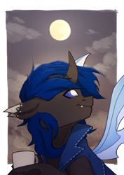 Size: 2480x3508 | Tagged: safe, artist:sinrinf, oc, oc:bluey, changeling, blue changeling, changeling oc, commission, cup, fangs, high res, moon, night, postcard, smiling, solo, ych result