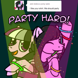 Size: 800x800 | Tagged: safe, artist:thedragenda, oc, oc:ace, oc:lesboo, earth pony, pony, ask-acepony, animated, female, gif, mare, party hard