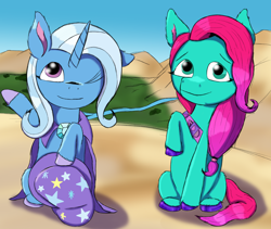 Size: 1900x1600 | Tagged: safe, artist:php176, jazz hooves, trixie, earth pony, pony, unicorn, g5, cape, clothes, cute, diatrixes, duo, duo female, female, hat, hoof polish, jazzibetes, looking at you, mare, mountain, mountain range, one eye closed, raised hoof, river, scenery, shading, sitting, smiling, smiling at you, trixie's cape, trixie's hat, unshorn fetlocks, valley, water, wink, winking at you