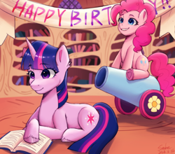 Size: 2330x2048 | Tagged: safe, artist:xiaowu07, derpibooru exclusive, pinkie pie, twilight sparkle, earth pony, pony, unicorn, g4, book, cute, duo, female, golden oaks library, high res, hoof heart, library, lying down, mare, party cannon, prone, reading, this will end in parties, underhoof, unicorn twilight