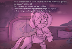 Size: 1021x699 | Tagged: safe, anonymous artist, sunny starscout, earth pony, pony, series:anorexic sunny, g5, anorexia, clothes, community garden, crying, female, offscreen character, recovery, solo, sweater, tears of joy