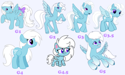 Size: 6480x3918 | Tagged: safe, artist:feather_bloom, oc, oc only, oc:feather bloom(fb), oc:feather_bloom, pegasus, pony, g1, g2, g3, g3.5, g4, g4.5, g5, my little pony: pony life, blue background, bow, g4 to g1, g4 to g2, g4 to g3, g4 to g3.5, g4 to g4.5, g4 to g5, generation leap, simple background, solo, tail, tail bow