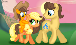 Size: 1200x720 | Tagged: safe, artist:mlplary6, applejack, caramel, oc, oc:apple sweet, earth pony, pony, g4, family, female, filly, foal, hat, husband and wife, looking at each other, looking at someone, male, mama applejack, mare, offspring, parent:applejack, parent:caramel, parents:carajack, riding, ship:carajack, shipping, smiling, smiling at each other, stallion, straight, sunset, walking