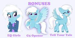 Size: 6768x3477 | Tagged: safe, artist:feather_bloom, oc, oc only, oc:feather bloom(fb), oc:feather_bloom, human, pegasus, pony, equestria girls, g4, g5, my little pony: a new generation, my little pony: tell your tale, blue background, blushing, clothes, equestria girls-ified, g4 to g5, generation leap, jacket, one eye closed, pins, simple background, solo, wink