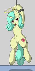 Size: 1500x3000 | Tagged: safe, alternate version, artist:lone wolf, oc, oc only, oc:seven sister, hybrid, pony, unicorn, armpits, bedroom eyes, belly, belly button, bondage, chest fluff, featureless crotch, female, hanging, happy, happy bondage, hoof fluff, horn, looking at you, mare, rope, sexy, solo, suspended, suspension bondage, unicorn oc
