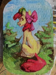 Size: 810x1080 | Tagged: safe, artist:charlot, apple bloom, earth pony, pony, g4, apple, apple family member, female, filly, foal, food, oil, oil painting, outdoors, sitting, solo, traditional art, tree