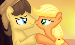 Size: 1200x720 | Tagged: safe, artist:mlplary6, applejack, caramel, earth pony, pony, g4, boyfriend and girlfriend, female, hat, holding hooves, looking at each other, looking at someone, male, mare, romantic, ship:carajack, shipping, smiling, smiling at each other, stallion, straight, sunset