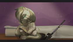 Size: 4886x2815 | Tagged: safe, artist:anriemper, oc, oc only, earth pony, hybrid, pony, zebra, zony, book, bookmark, colored eyelashes, detailed background, ear piercing, eyes closed, gun, long mane, piercing, pillow, rifle, scar, scope, sitting, sniper rifle, solo, suppressor, weapon