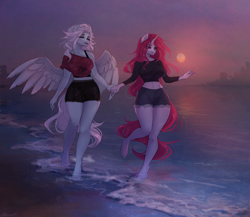 Size: 2300x2000 | Tagged: safe, artist:alicesmitt31, oc, pegasus, unicorn, anthro, unguligrade anthro, beach, belly button, duo, female, high res, midriff, sun, water