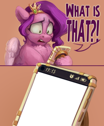 Size: 2500x3030 | Tagged: safe, artist:jewellier, derpibooru exclusive, pipp petals, pegasus, pony, g5, cellphone, chest fluff, female, high res, hoof hold, mare, meme, meme template, phone, pinpoint eyes, pipp petals is not amused, reaction image, shocked, shocked expression, shocked pipp meme, solo, speech, talking, template, text, unamused