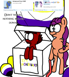 Size: 3023x3351 | Tagged: safe, artist:professorventurer, starlight glimmer, sunny starscout, trixie, oc, oc:enrique, earth pony, pony, unicorn, series:ask pippamena, g4, g5, :t, :|, balloon, banner, bipedal, box, braid, braided ponytail, confused, facial hair, gender reveal party, high res, implied lesbian, implied petalscout, implied shipping, moustache, nonbinary, nonbinary pride flag, ponytail, pride, pride flag, ribbon