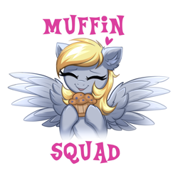 Size: 4000x4000 | Tagged: safe, artist:confetticakez, derpy hooves, pegasus, pony, g4, absurd resolution, cute, derpabetes, eyes closed, female, food, heart, mare, muffin, open mouth, redraw, simple background, solo, that pony sure does love muffins, white background