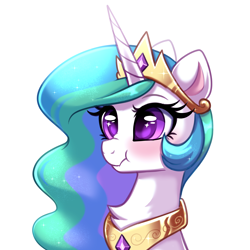 Size: 4000x4000 | Tagged: safe, artist:confetticakez, princess celestia, alicorn, pony, g4, absurd resolution, blushing, chest fluff, cute, cutelestia, female, jewelry, mare, redraw, regalia, scrunchy face, simple background, solo, sparkly eyes, white background, wingding eyes