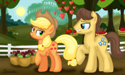 Size: 1200x720 | Tagged: safe, artist:mlplary6, applejack, caramel, earth pony, pony, g4, boyfriend and girlfriend, female, flower, heart, looking at each other, looking at someone, male, mare, rose, ship:carajack, shipping, smiling, smiling at each other, stallion, straight