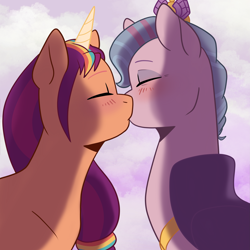 Size: 2919x2919 | Tagged: safe, artist:daisy_marshmallow, queen haven, sunny starscout, alicorn, pegasus, pony, g5, blushing, crack shipping, duo, duo female, eyes closed, female, high res, horn, kissing, lesbian, magic, magic horn, mane stripe sunny, ship:sunnyhaven, shipping, simple shading