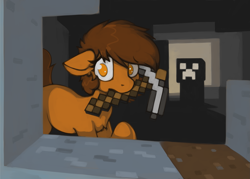 Size: 1959x1403 | Tagged: safe, artist:marsminer, oc, oc only, oc:venus spring, pony, aww man, creeper, minecraft, mouth hold, pickaxe, solo, venus spring having a bad time