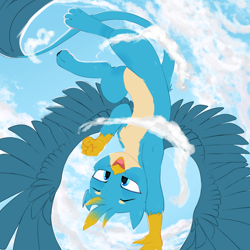 Size: 2000x2000 | Tagged: safe, artist:thieftea, gallus, griffon, g4, cloud, cute, high res, looking at you, paws, smiling, solo, spread wings, wings