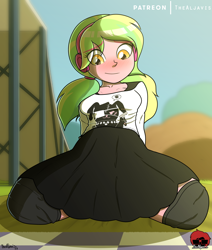Size: 1162x1370 | Tagged: safe, artist:thealjavis, lemon zest, human, equestria girls, g4, blushing, breasts, clothes, crystal prep shadowbolts, eye clipping through hair, female, skirt, solo