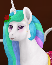 Size: 1200x1500 | Tagged: safe, artist:soobel, princess celestia, alicorn, pony, g4, bust, chubby, ear fluff, female, flower, flower in hair, horn, jewelry, looking at you, open mouth, open smile, portrait, rose, smiling, smiling at you, solo, three quarter view