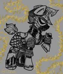 Size: 496x589 | Tagged: safe, artist:goldensuculents, oc, earth pony, pony, armor, armored pony, chainmail, crosshatch, helmet, monochrome, ponytail, saddle, scales, solo, tack, unshorn fetlocks