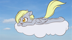 Size: 1366x768 | Tagged: editor needed, source needed, safe, artist:dusthiel, edit, derpy hooves, pegasus, pony, g4, 2d, butt, cloud, colored pupils, day, female, folded wings, gray skin, looking left, lying down, lying on a cloud, on a cloud, plot, sky, smiling, solo, tongue out, wallpaper, wallpaper edit, wings, yellow eyes, yellow mane