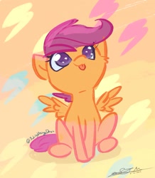 Size: 1049x1205 | Tagged: safe, artist:staceyld636, scootaloo, pegasus, pony, g4, :p, colored pupils, cute, cutealoo, female, filly, gradient background, looking up, sitting, smiling, solo, spread wings, tongue out, wings