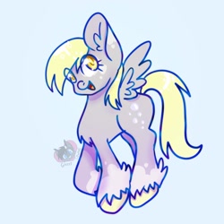 Size: 2048x2048 | Tagged: safe, artist:ghost_towne_, derpy hooves, pegasus, pony, g4, blue background, eye clipping through hair, female, high res, open mouth, open smile, simple background, smiling, solo, spread wings, winged hooves, wings