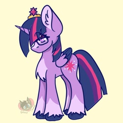 Size: 2048x2048 | Tagged: safe, artist:ghost_towne_, twilight sparkle, alicorn, pony, g4, chest fluff, colored wings, colored wingtips, crown, ear fluff, eye clipping through hair, female, glasses, high res, jewelry, regalia, simple background, solo, twilight sparkle (alicorn), unshorn fetlocks, wings, yellow background
