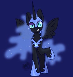 Size: 1951x2048 | Tagged: safe, artist:ghost_towne_, nightmare moon, alicorn, pony, g4, blue background, female, grin, looking at you, mare, raised hoof, signature, simple background, smiling, smiling at you, solo, spread wings, wings
