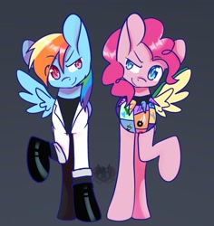 Size: 1816x1921 | Tagged: safe, artist:ghost_towne_, pinkie pie, rainbow dash, earth pony, pegasus, pony, fanfic:cupcakes, fanfic:rainbow factory, g4, clothes, colored lineart, cutie mark dress, dress, duo, duo female, fanfic art, female, mare, rainbow factory dash, simple background, smiling