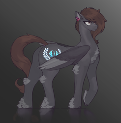Size: 2000x2031 | Tagged: safe, alternate version, artist:nsilverdraws, edit, oc, oc only, oc:nightstalker, pegasus, pony, butt, ear piercing, eye clipping through hair, eyebrows, eyebrows visible through hair, female, folded wings, frown, gradient background, high res, mare, pegasus oc, piercing, plot, raised hoof, reflection, solo, tail, tail piercing, wings