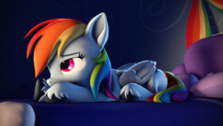 Size: 3840x2160 | Tagged: safe, artist:psfmer, rainbow dash, pegasus, pony, g4, 3d, 4k, bed, bored, eyebrows, female, folded wings, high res, lying down, mare, prone, solo, source filmmaker, unshorn fetlocks, wings