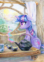 Size: 860x1200 | Tagged: safe, artist:maytee, twilight sparkle, pony, unicorn, g4, colored pencil drawing, cottagecore, cup, female, floppy ears, mare, scenery, sitting, solo, teacup, teapot, traditional art, unicorn twilight, window