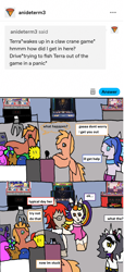 Size: 1178x2594 | Tagged: safe, artist:ask-luciavampire, oc, oc only, oc:drive, oc:terra, alicorn, earth pony, pegasus, pony, unicorn, werewolf, arcade, ask, game, tumblr, tumblr:ask-the-society-gamers-club