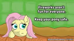 Size: 1920x1080 | Tagged: safe, artist:gatorgoatjohnny, fluttershy, pegasus, pony, g4, bed, female, fireworks, hiding, solo, under the bed