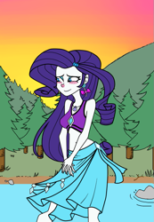 Size: 553x800 | Tagged: safe, artist:ignoto_delta, rarity, human, equestria girls, g4, lost and found, my little pony equestria girls: better together, belly button, bikini, clothes, female, forest, lake, midriff, rarity's blue sarong, rarity's purple bikini, sarong, solo, swimsuit, water