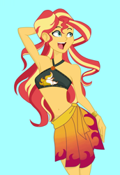 Size: 920x1340 | Tagged: safe, artist:ignoto_delta, sunset shimmer, human, equestria girls, g4, arm behind head, armpits, bare shoulders, belly button, blue background, clothes, female, sarong, simple background, sleeveless, solo, swimsuit