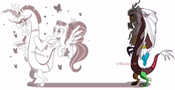 Size: 4096x2106 | Tagged: safe, artist:thelmavillagra, discord, fluttershy, butterfly, draconequus, pegasus, pony, g4, g5, spoiler:g5comic, antlers, broken horn, flower, flower in hair, g5 to g4, generation leap, high res, holding hands, horn, immortality blues, old man discord, shadow, signature, simple background, white background