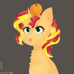 Size: 2072x2072 | Tagged: safe, alternate version, artist:cola_3107, sunset shimmer, pony, unicorn, g4, chest fluff, female, food, gray background, high res, orange, simple background, solo, tongue out