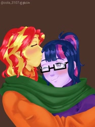 Size: 1536x2048 | Tagged: safe, alternate version, artist:cola_3107, sci-twi, sunset shimmer, twilight sparkle, human, equestria girls, g4, duo, female, kissing, lesbian, ship:sci-twishimmer, ship:sunsetsparkle, shipping, simple background