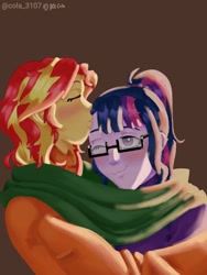 Size: 1536x2048 | Tagged: safe, alternate version, artist:cola_3107, sci-twi, sunset shimmer, twilight sparkle, human, equestria girls, g4, brown background, duo, female, kissing, lesbian, ship:sci-twishimmer, ship:sunsetsparkle, shipping, simple background