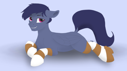 Size: 1920x1080 | Tagged: safe, artist:puginpocket, oc, oc only, pegasus, pony, blue background, blue mane, clothes, male, simple background, smiling, socks, solo, stallion, stallion oc, striped socks