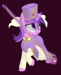 Size: 260x320 | Tagged: safe, artist:truthormare, amethyst star, sparkler, pony, unicorn, g4, bishop, clothes, cosplay, costume, dress, eremiya, female, fire emblem, fire emblem: new mystery of the emblem, frown, gem, hat, healer, magic, magic aura, no catchlights, ponerpics import, purple background, raised hoof, rod, show accurate, simple background, sinister, solo, staff